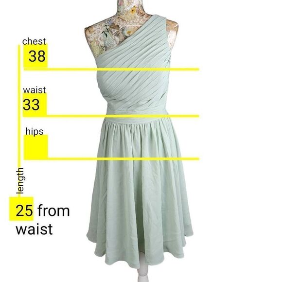 Cocktail Dress One Shoulder Light Green Chiffon Knee Length Special Occasion - Picture 5 of 11